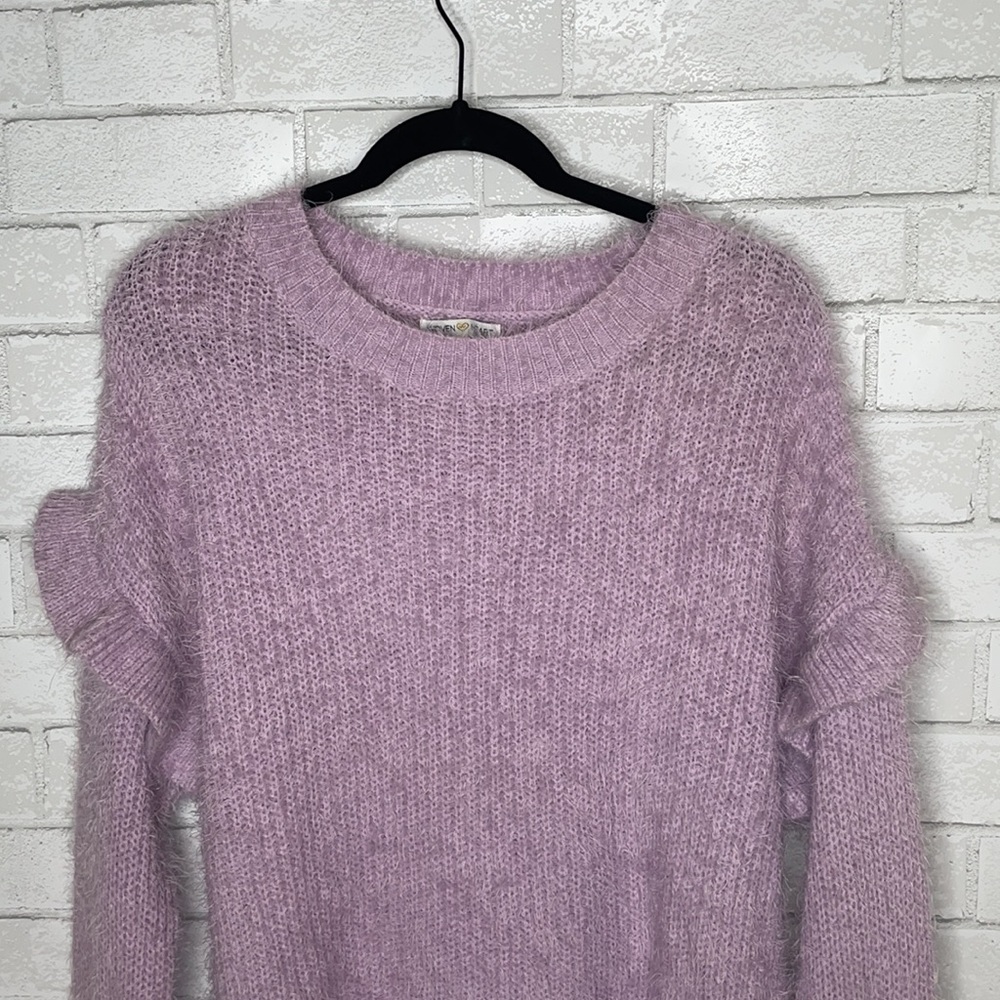 Woven Heart Purple Eyelash Fuzzy Ruffled Sweater - Picture 3 of 9